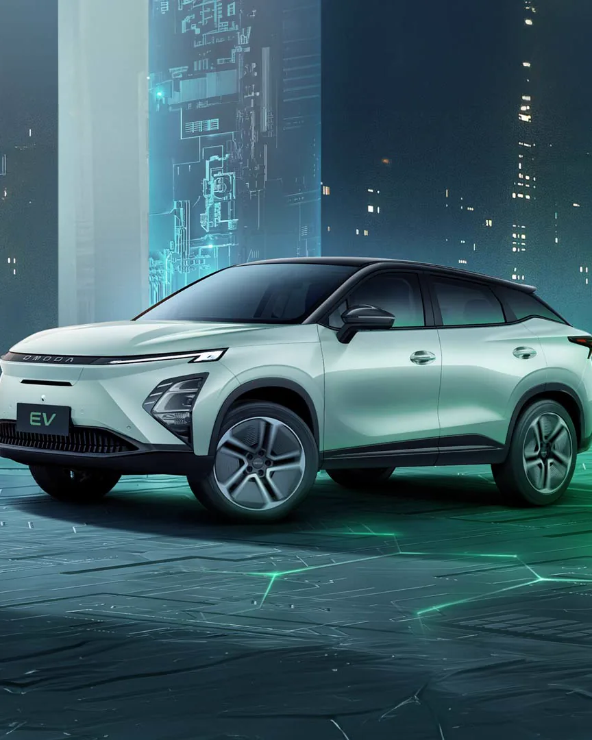 OMODA E5, SUV 100% elétrico na cor verde-menta, em cenário urbano noturno com iluminação em tons de verde e azul